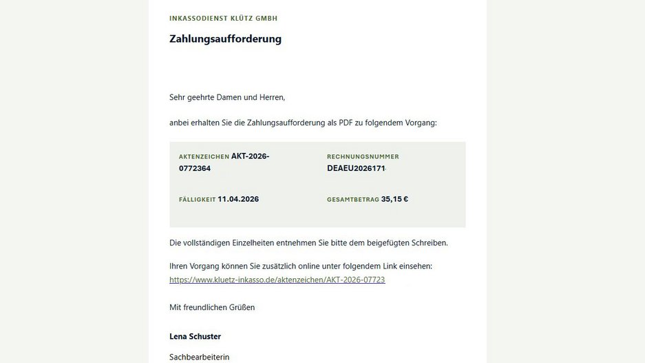 Ein E-Mail-Anschreiben, mit dem eine Zahlung angemahnt wird