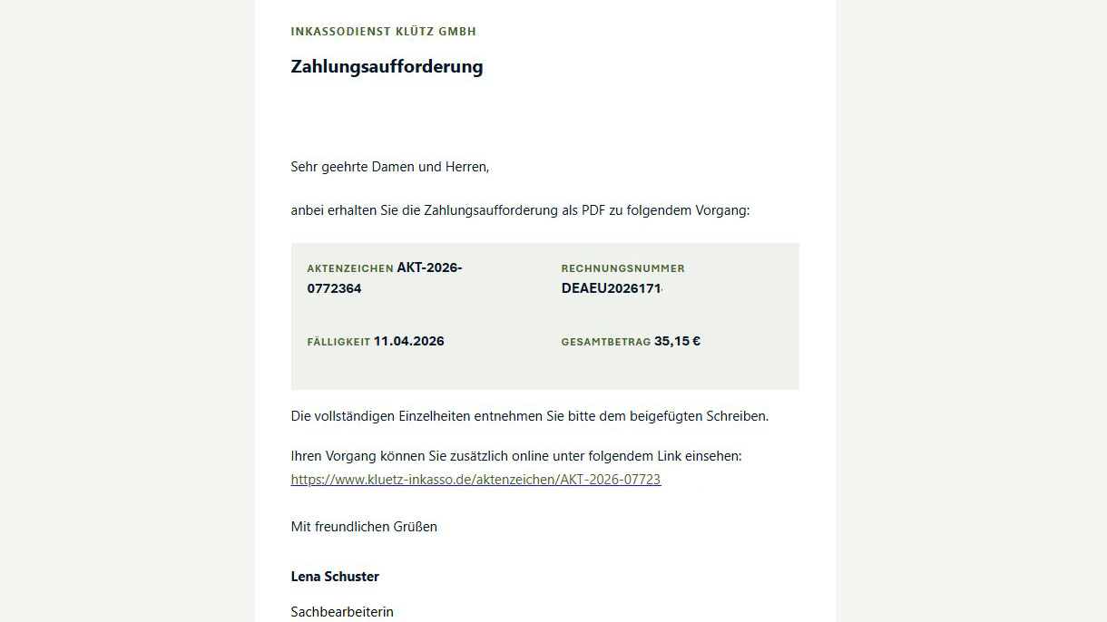 Ein E-Mail-Anschreiben, mit dem eine Zahlung angemahnt wird